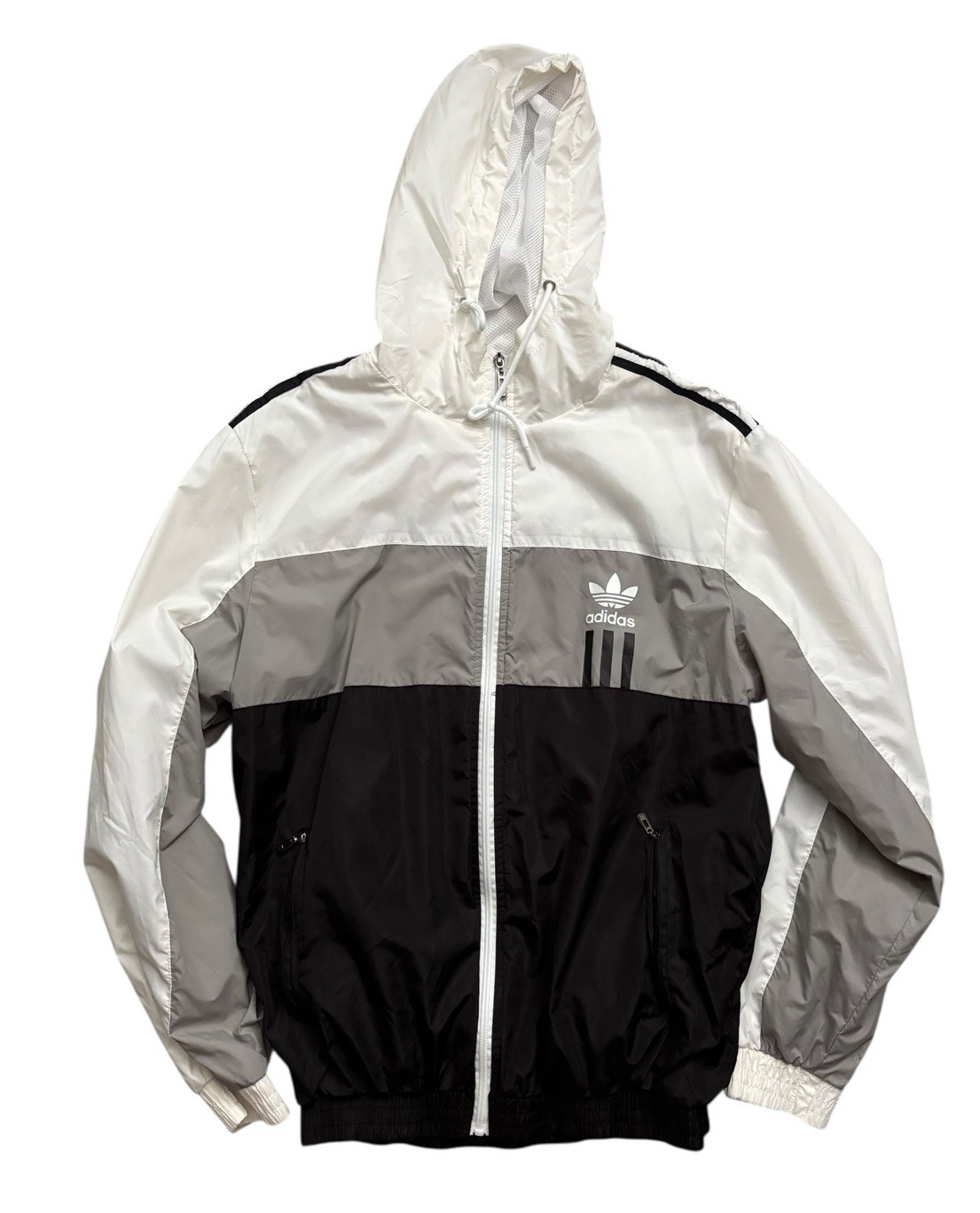 Adidas Mens Large White Colorblock Windbreaker with 3 Stripes