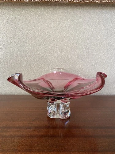 Vtg Bohemian Pink Art Glass MCM Footed Centerpiece Bowl