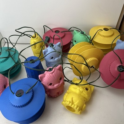 2 Set Stringlights Plastic Colorful Kitty Cat Lantern Covers Working (1 Missing)