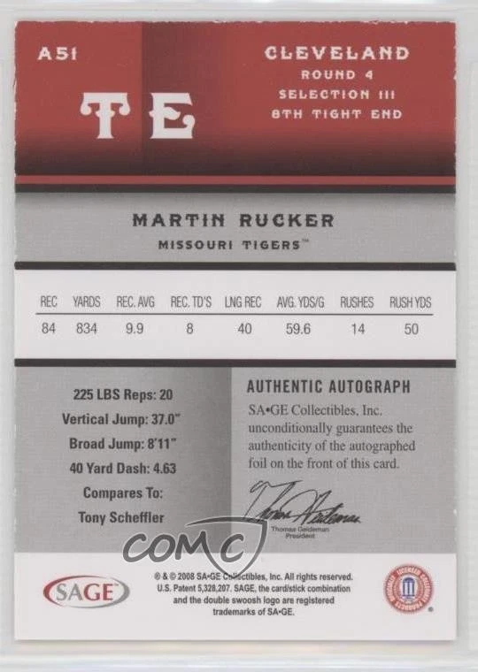 2008 SAGE Auto Red Martin Rucker #A51 Rookie Auto RC - Image 2 of 2