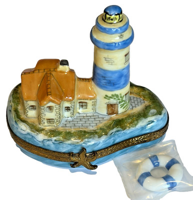 LIMOGE France Peint Main Box-LIGHTHOUSE COTTAGE Island Ocean-LIFE BOUY TRINKET