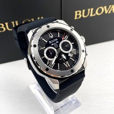 Bulova Marine Star 44mm Black Dial Silver Case Black Strap Men's Watch 98B127