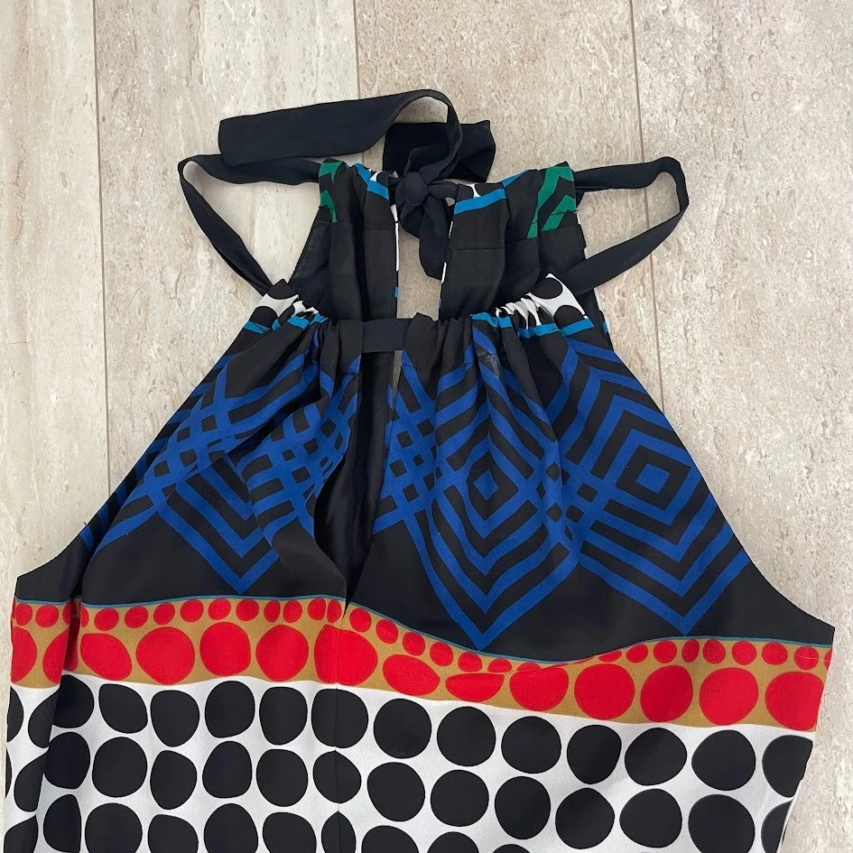 Mini vestido Trina Turk feminino Chazz seda halter artístico bolinhas geométrico tamanho 4 - Imagem 3 de 4
