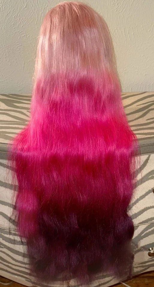 Impresionante peluca de cabello humano, 30 pulgadas, súper gruesa, cosplay/evento divertido, rubia, rosa, púrpura Foto 4 de 4