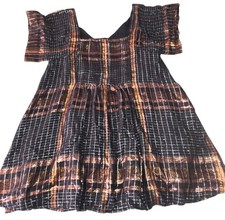 Free People Barcelona Metallic-Plaid Mini Dress Tunic Top Black Gold Small