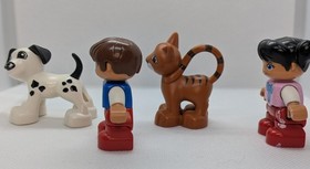Lego Duplo Figure Lot of 4 Boy, Girl, Brown Cat, Spotted Dog Replacement Figure 
