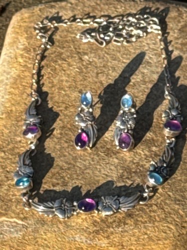 Carol Felley Sterling Necklace & Earrings Blue and Purple Stones