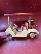 Wooden Handcrafted Toy Golf Cart with Golf Bags & Clubs - Collectible Art