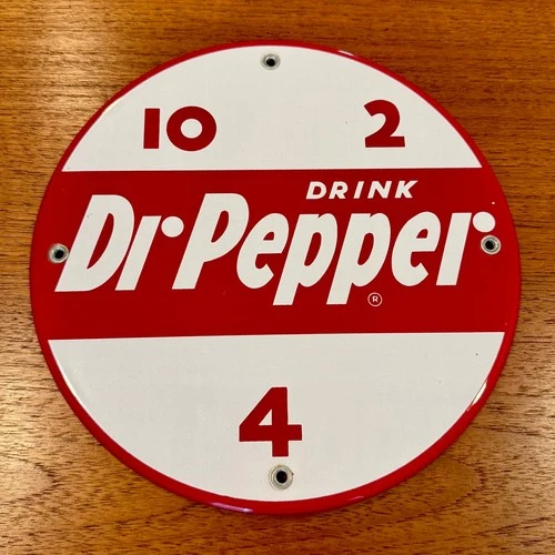 Vintage 10” Dr. Pepper “10, 2, and 4” porcelain sign in excellent condition