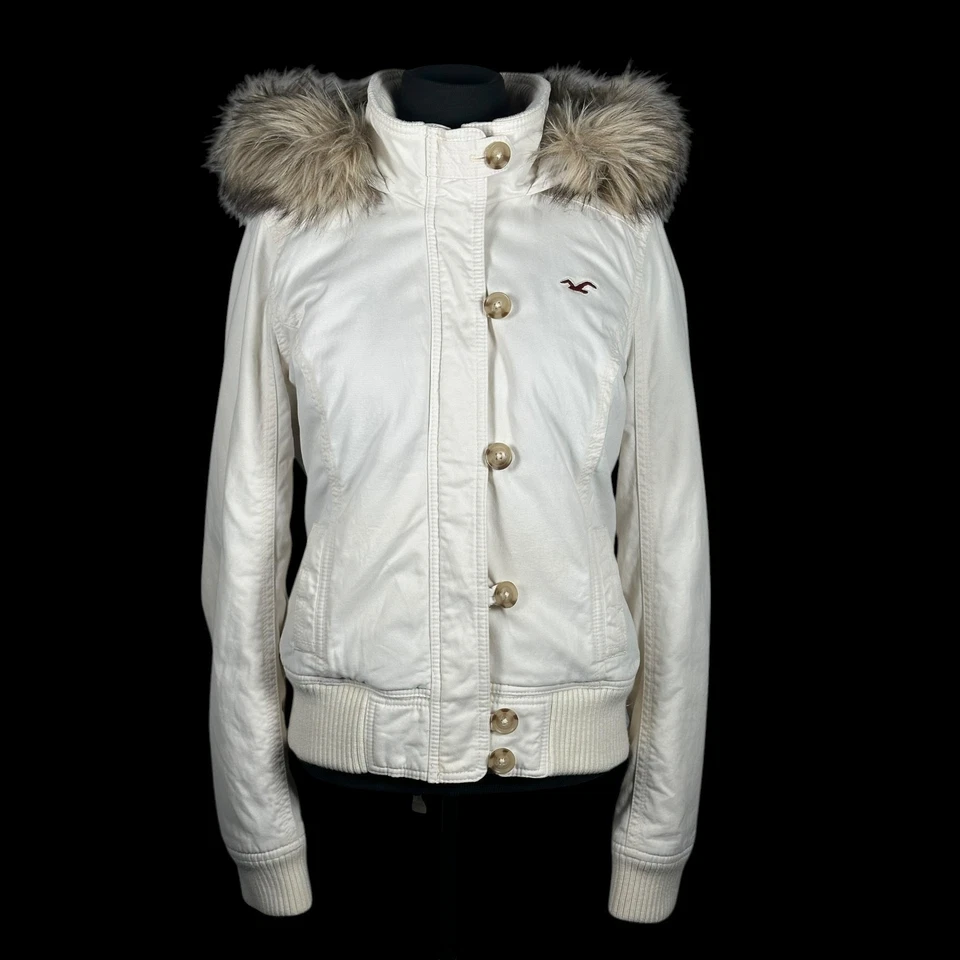 VTG Hollister Faux Fur Lined Bomber Jacket Y2K Beige Puffy Sherpa Hooded Large - Image 4 of 4