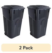  2 Pack 32 Gallon Wheeled Heavy Duty Plastic Garbage Can, Attached Lid, Black