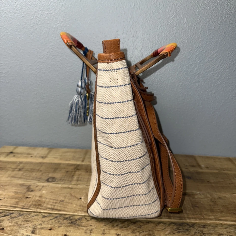 Mochila Convertible Fossil Camilla Bolso de Hombro Beige Lona Rayas Boho Foto 4 de 4