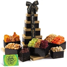 Thank You Tower Gift Basket, Gourmet Nuts & Dried Fruits + Black Ribbon (12...