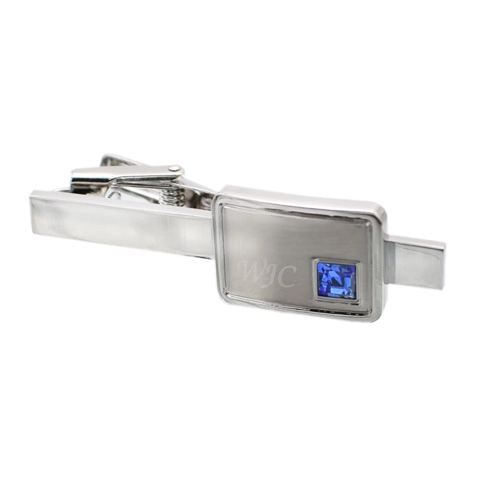 Grabado con iniciales cepillado enchapado en rodio cristal piedra de nacimiento clip de corbata T203 Foto 2 de 4