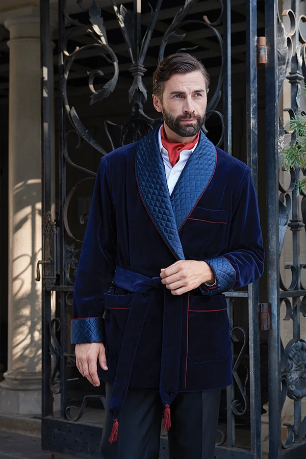 Mens Quilted Smoking Jacket Blue Robe de Chamber Dressing Gown Robe Blazer  Coat