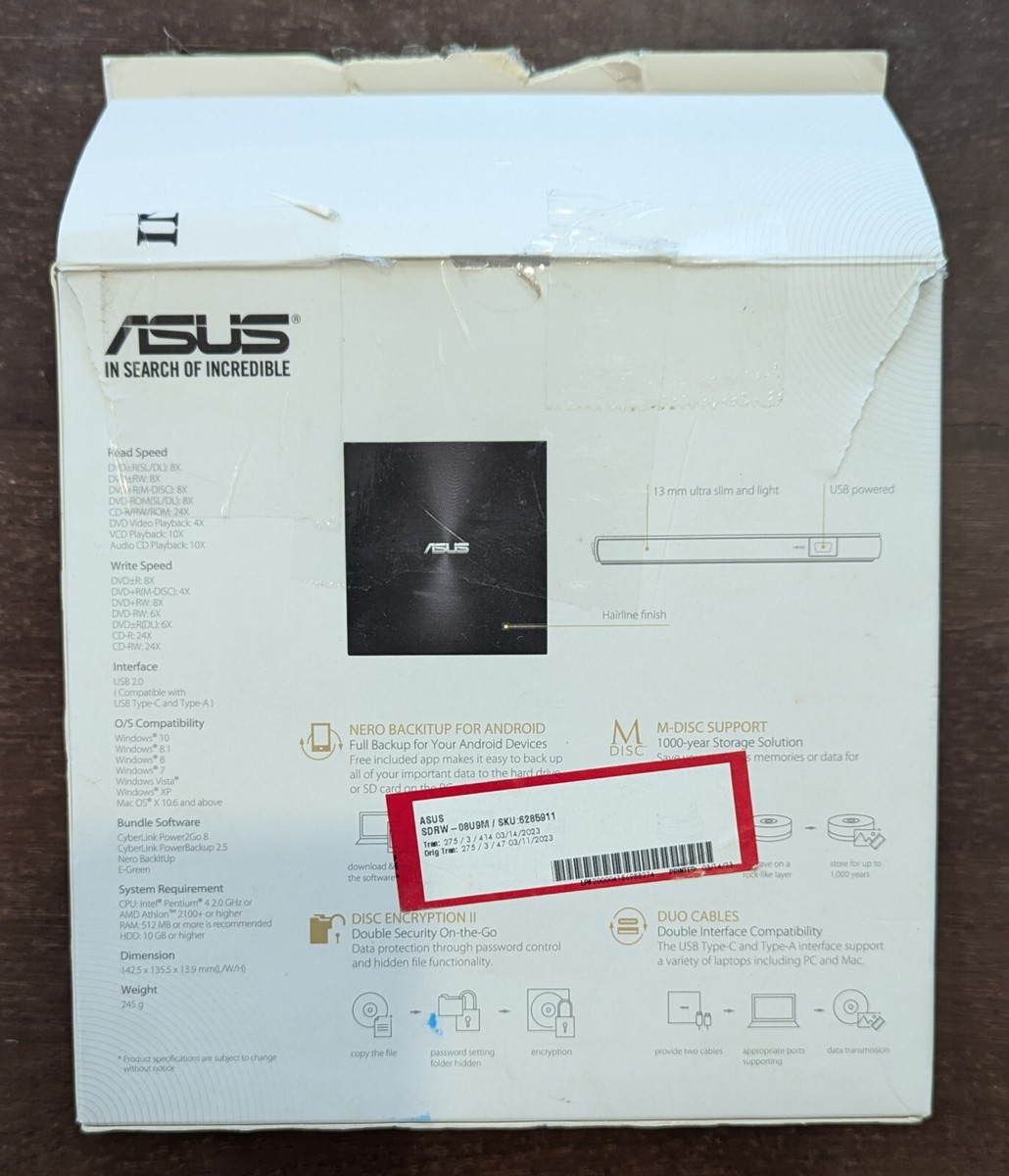 ASUS SDRW-08U9M-U ZenDrive Slim External DVD Burner Optical