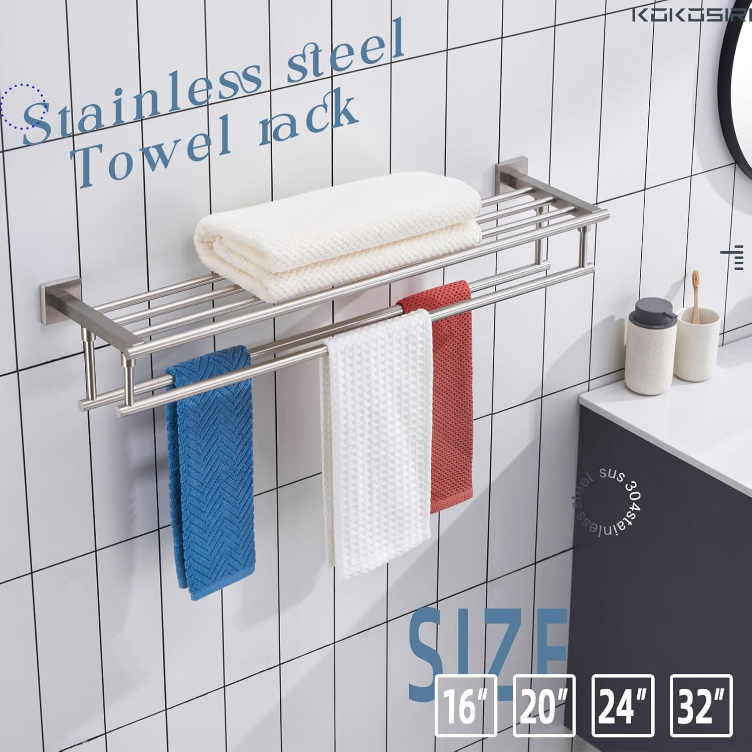 32" Wall-Mounted Stainless Steel Towel Shelf with Double Bars - Brushed Nickel