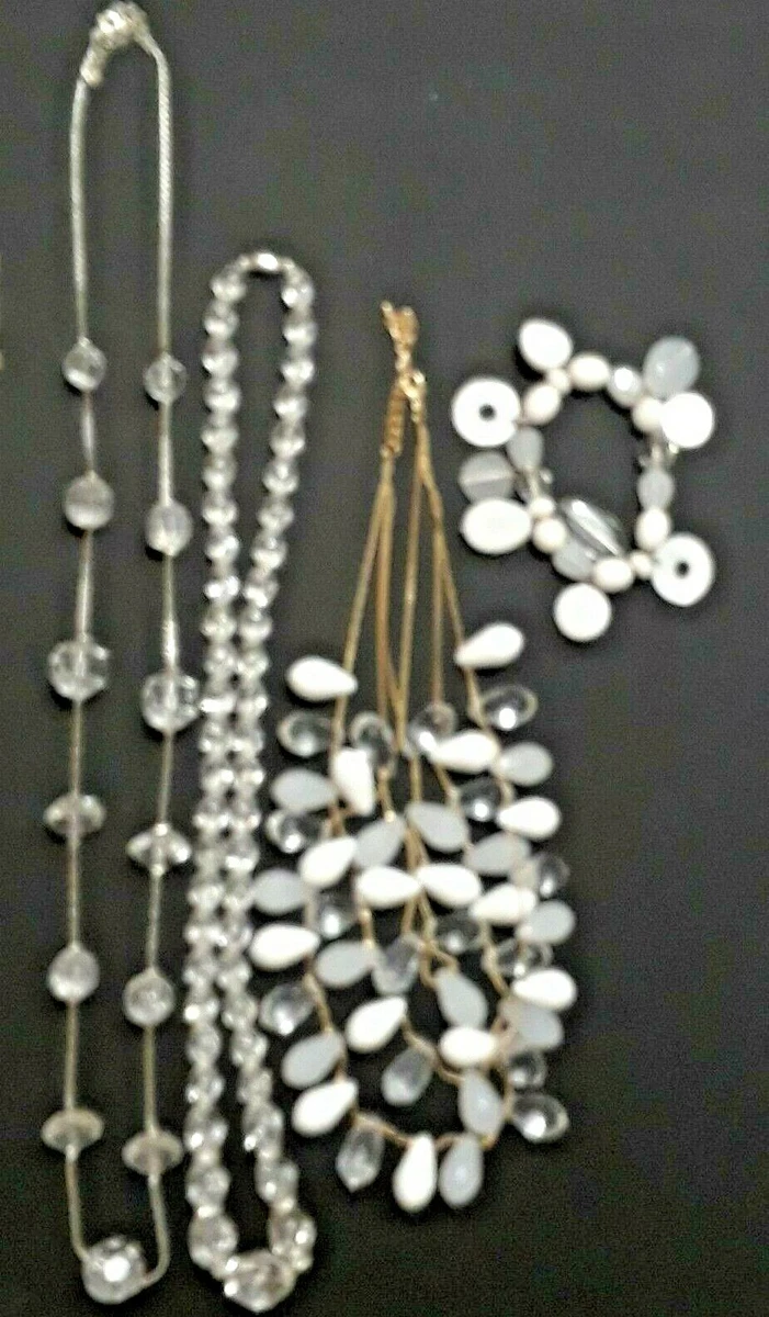 Crystal necklace, clear, milky white, teardrop, sphere, ball, shaped beads