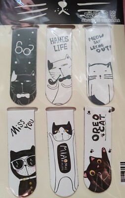 6x Niedliche Anime Skizze Japanische Katzen Doppelseitiges Magnetisches Lesezeichen Set UK Verkäufer