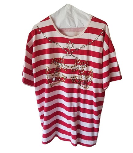 Focus Womens One Size Nautical Top Blouse Red White Stripes Beaded Summer Boat - Picture 5 of 7
