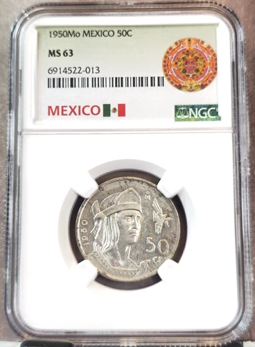 1950 MEXICO SILVER 50 CENTAVOS CHIEF CUAUHTEMOC NGC MS 63 GREAT LOOKING COIN