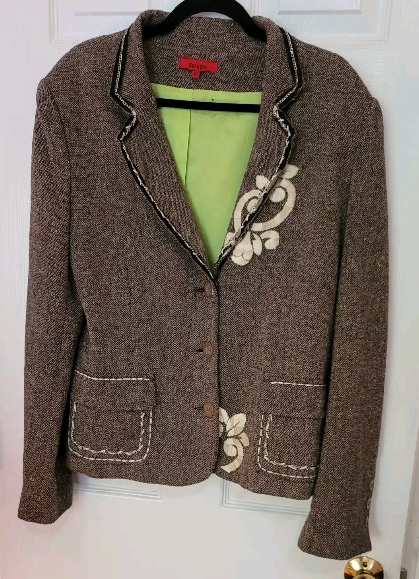 VTG Tokyo XL Tweed Wool Blend Womens Blazer Embroidered
