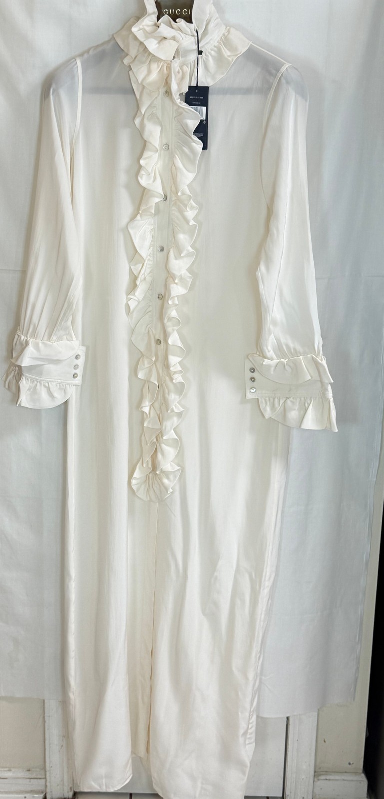 NWT Tommy Hilfiger Women's Ruffled Silk Button Up Shift Long Dress-Cream-Size 8 thumbnail 2