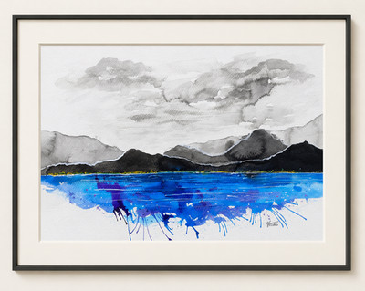 Original schottische Landschaft Tusche Gemälde 15 x 11'' - blaue Highland Kunst von Vital