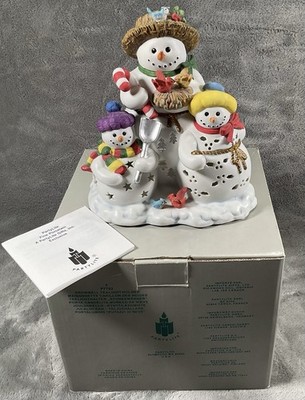 Partylite Snowbell Tealight Candle Holder Snowman Family  Porcelain New In Box 