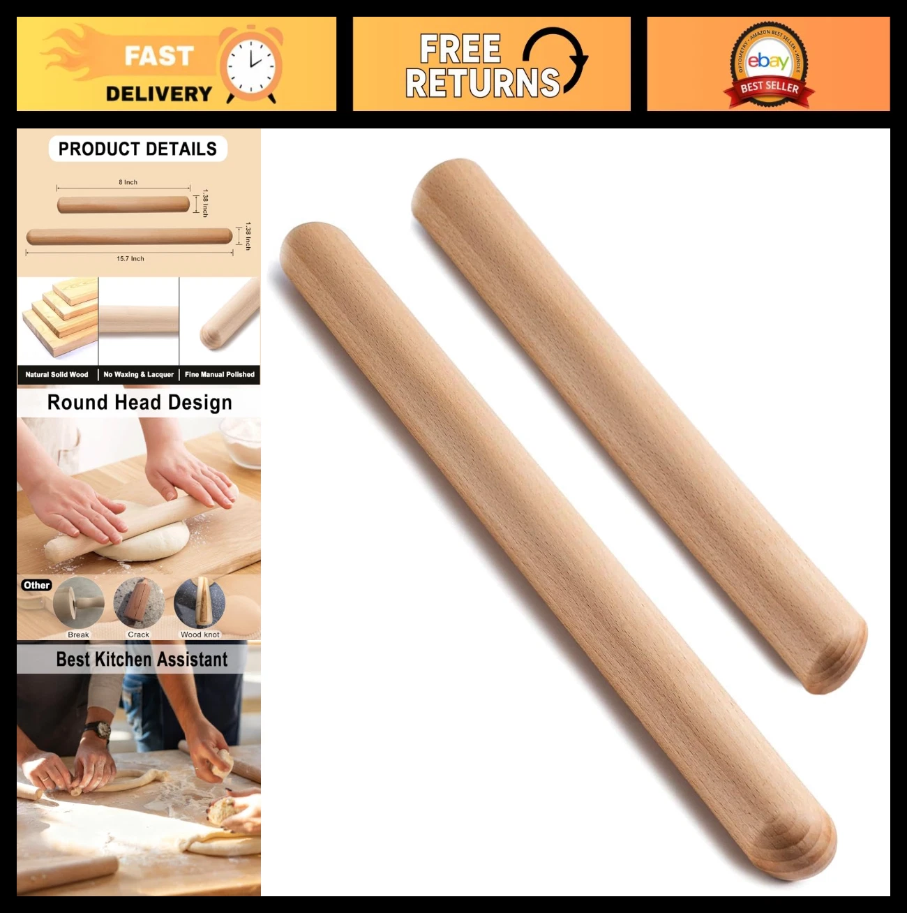 Natural Wooden Rolling Pin Set - Classic Dough Rollers for Pizza, Pie, Pasta, Ba