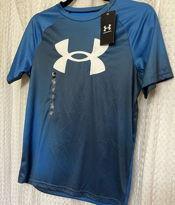 Boys Under Armour Tech Blue Black Gradient Shirt Loose Heat Gear Large New Sport