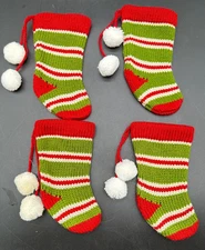 Set of 4 Mini Assorted Knit Christmas pom-pom Stocking Xmas Ornaments 6" New