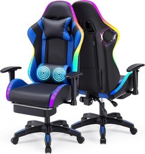 Gaming Chair with RGB LED Lights & Bluetooth Speakers Reclining Ergonomic Blue