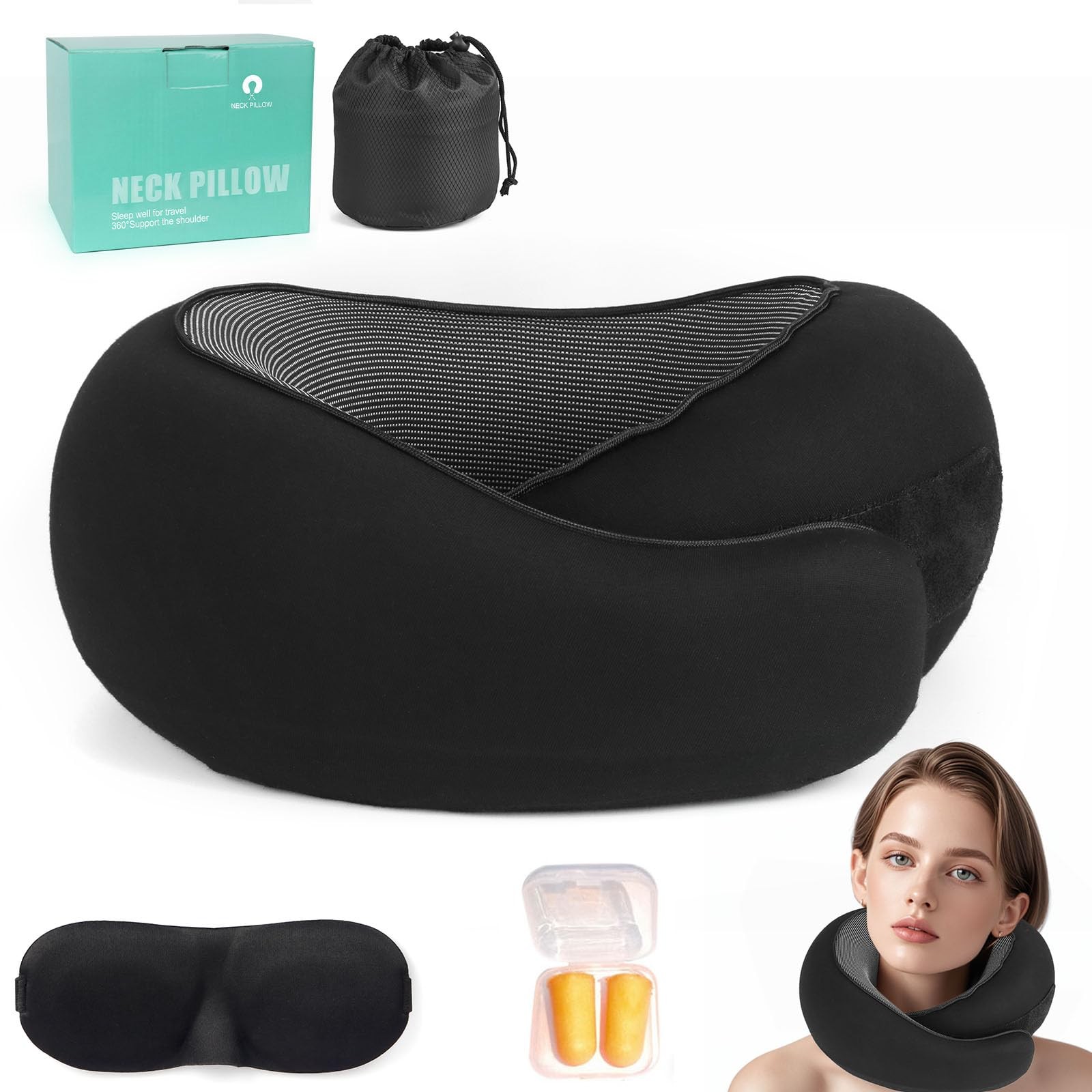 Memory Foam Travel Neck Pillow, Black Travel Pillow for Airplane Neck Support...