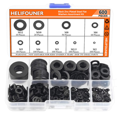 #ad HELIFOUNER 600 Pieces 9 Sizes Black Zinc Plated Steel Flat Washers Assortment K $22.99