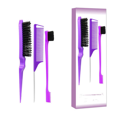 3 Pcs Purple Slick Back Brush Set, Vented Brush, Wide-Tooth Comb, Teasing Brush 
