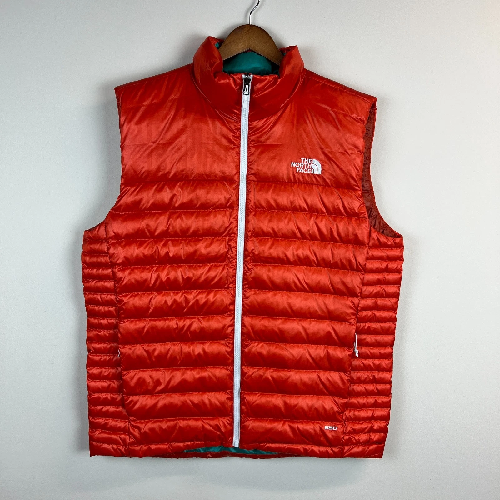 The North Face 550 Down Fill Puffer Vest Mens Large Orange Full Zip Outdoor TNF