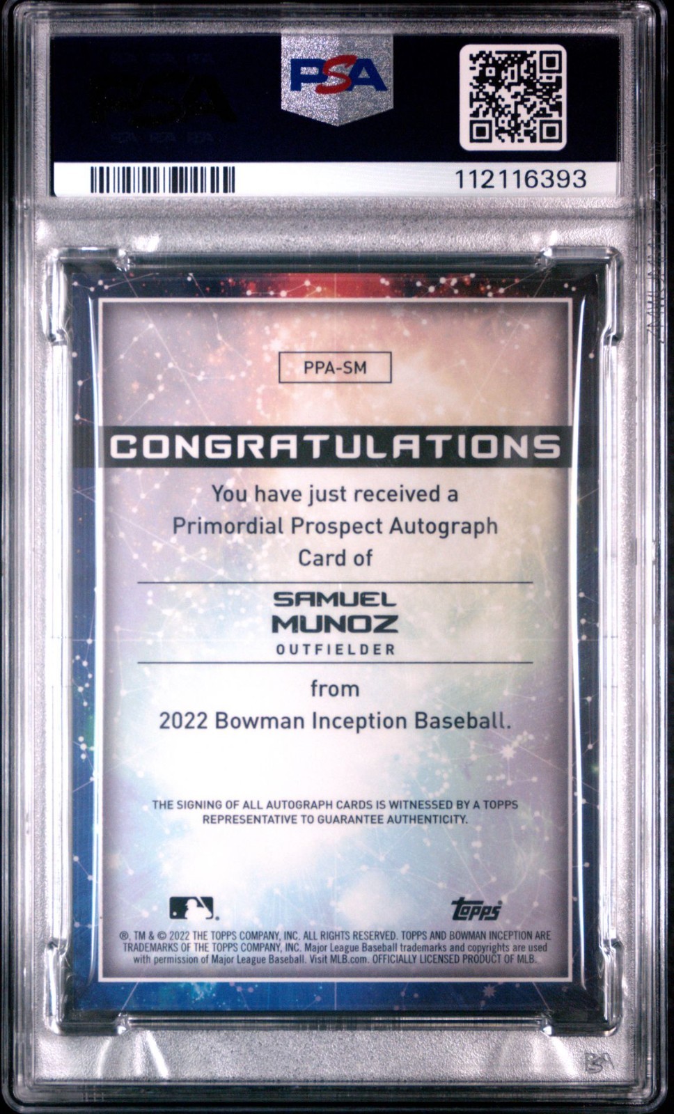 2022 Bowman Inception Samuel Munoz Primordial Auto Blue #/75 PSA 9 view 2