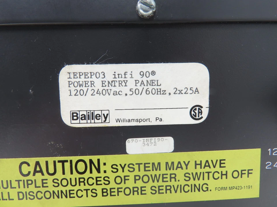 Bailey INFI 90 Power Entry Panel 120/240VAC 50/60Hz 2x25A - Image 2 of 4