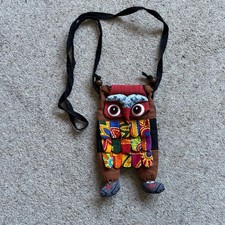 Handmade Patchwork Style Crossbody Owl Bag Multicoloured Drawstring Back Zip 9"