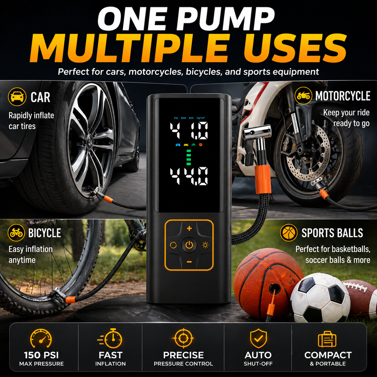 P044 Pro tire inflator for car motorcycle bicycle and sports balls