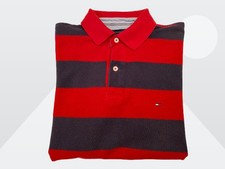 Tommy Hilfiger 2010 Men's Red Blue Striped Embroidered Polo Shirt Size Medium