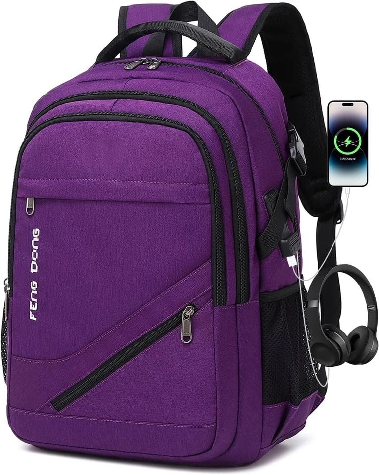 Mochila de Viaje Ergonómica para Portátiles de 17.3" - Puertos USB y Auriculares, Dije Púrpura Foto 3 de 4