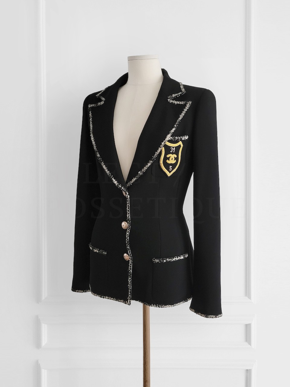 CHANEL 05C [DEVIL WEARS PRADA] VINTAGE BLACK WOOL CC PATCH JACKET FR38 image 5
