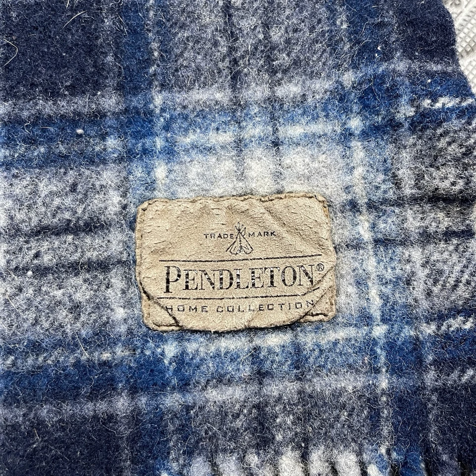 Vintage Pendleton Blanket 40x48” Fringe Blue Plaid Wool USA - Image 2 of 4