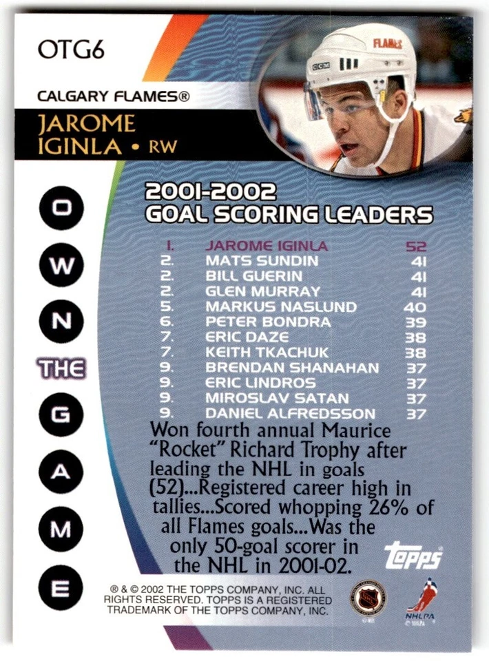 Jarome Iginla 2002-03 Topps Own The Game #OTG6 Calgary Flames - Image 2 of 2