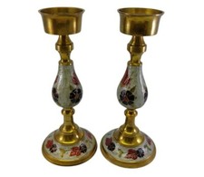 Vintage Cloisonne Brass Floral Enamel Candle Stick Holders Set of 2