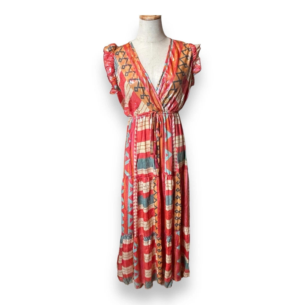 knee length dresses for ladies Raga Dresses Button Up V Neck Ruffle Trim Tassel Tie Printed Maxi Dress S / Ivory main image 1