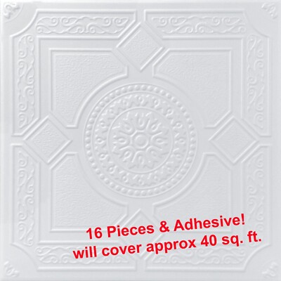 Ceiling Tiles, Glue Up Foam 20'' x 20'', LIMA White, 16 pcs & Adhesive (1 Tubes)