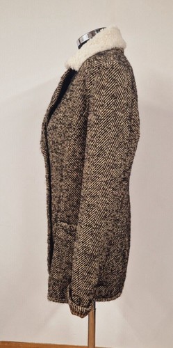 Moloh Tweed herringbone coat size 12 brown black pure wool borg collar unlined - Picture 6 of 10